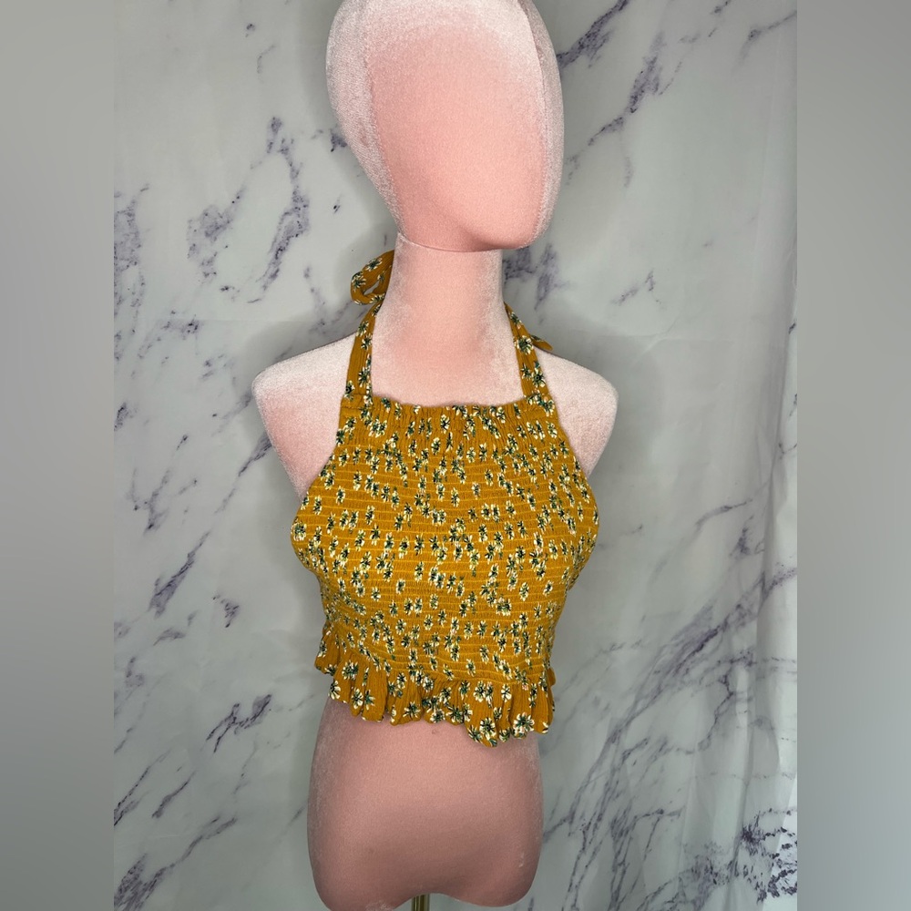 Skylar + Madison Yellow Floral Adjustable Halter Crop Top SZ L